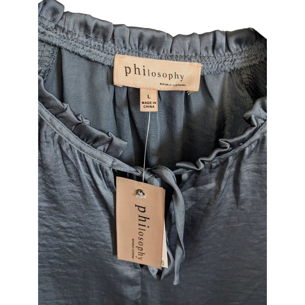 𝅺nwt Philosophy Feminine Silky Blue Gray Lone Sleeve Blouse Women's Size Large - Picture 5 of 7